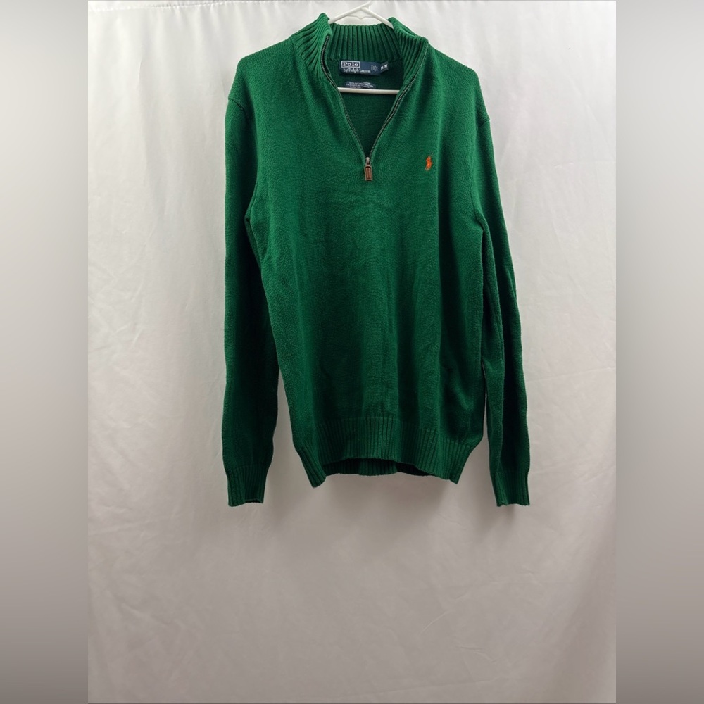 Polo Ralph Lauren Sweater Mens M Green 1/4 Zip Pullover Orange Pony Cotton - Picture 7 of 10
